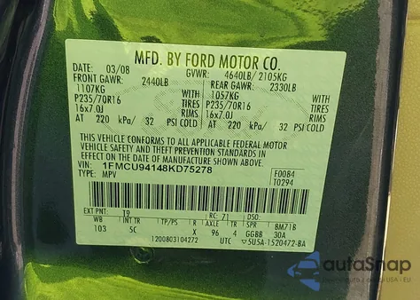 2008 Ford Escape Limited from USA, damaged, VIN 1FMCU94148KD75278